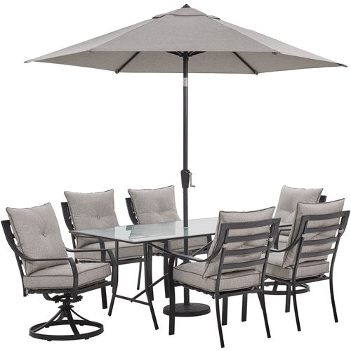 Hanover - Lavallette 7pc: 4 Dining Chairs, 2 Swivel Chairs, Rectangle Glass Table, Umbrella & Base - Silver-United Backyard