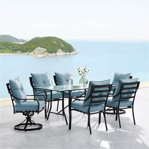 Hanover - Lavallette 7pc: 4 Dining Chrs, 2 Swivel Dining Chairs, Rectangle Glass Table - Blue-United Backyard