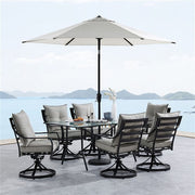 Hanover - Lavallette 7pc: 6 Swivel Dining Chairs, Rectangle Glass Table, Umbrella & Base - Silver-United Backyard