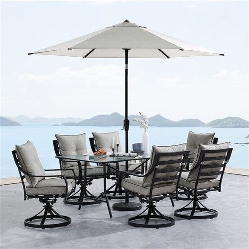 Hanover - Lavallette 7pc: 6 Swivel Dining Chairs, Rectangle Glass Table, Umbrella & Base - Silver-United Backyard