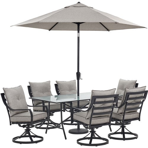 Hanover - Lavallette 7pc: 6 Swivel Dining Chairs, Rectangle Glass Table, Umbrella & Base - Silver-United Backyard