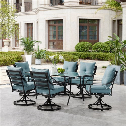 Hanover - Lavallette 7pc: 6 Swivel Dining Chairs and Rectangle Glass Table - Blue-United Backyard