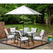 Hanover - Lavallette 7pc Dining Set: Glass Table, 6 Cushion Chairs, Umbrella/Base - Gray-United Backyard