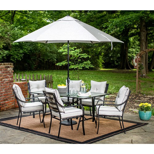 Hanover - Lavallette 7pc Dining Set: Glass Table, 6 Cushion Chairs, Umbrella/Base - Gray-United Backyard