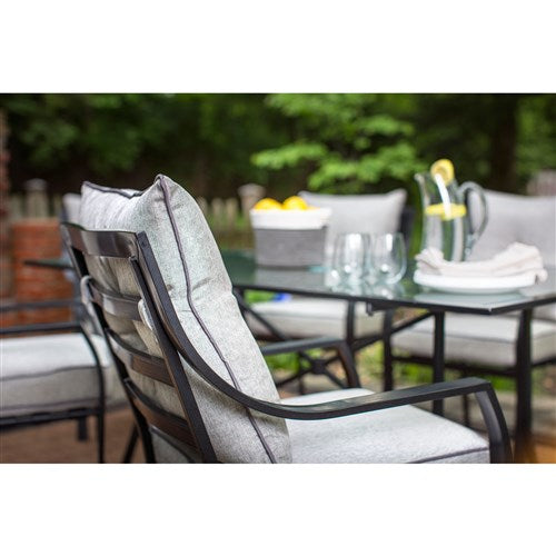 Hanover - Lavallette 7pc Dining Set: Glass Table, 6 Cushion Chairs, Umbrella/Base - Gray-United Backyard