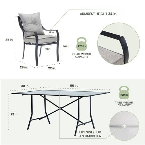 Hanover - Lavallette 7pc Dining Set: Glass Table, 6 Cushion Chairs, Umbrella/Base - Gray-United Backyard