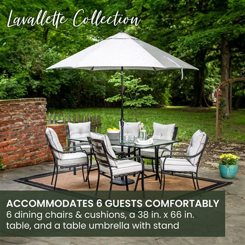 Hanover - Lavallette 7pc Dining Set: Glass Table, 6 Cushion Chairs, Umbrella/Base - Gray-United Backyard