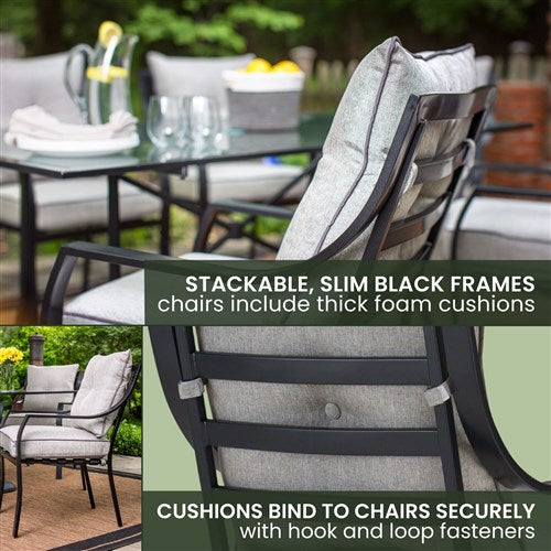 Hanover - Lavallette 7pc Dining Set: Glass Table, 6 Cushion Chairs, Umbrella/Base - Gray-United Backyard