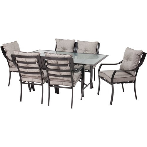 Hanover - Lavallette 7pc Dining Set: Glass Table, 6 Cushion Chairs, Umbrella/Base - Gray-United Backyard