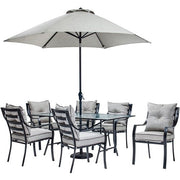 Hanover - Lavallette 7pc Dining Set: Glass Table, 6 Cushion Chairs, Umbrella/Base - Gray-United Backyard