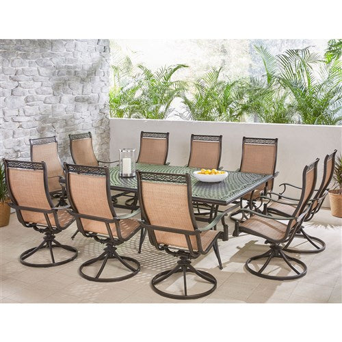 Hanover - Manor 11pc: 10 Sling Swivel Rockers, 60x84" Cast Table - Tan Sling/Cast-United Backyard