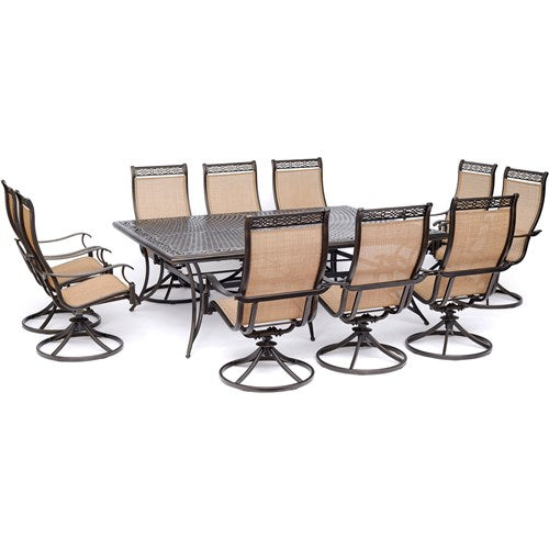 Hanover - Manor 11pc: 10 Sling Swivel Rockers, 60x84" Cast Table - Tan Sling/Cast-United Backyard