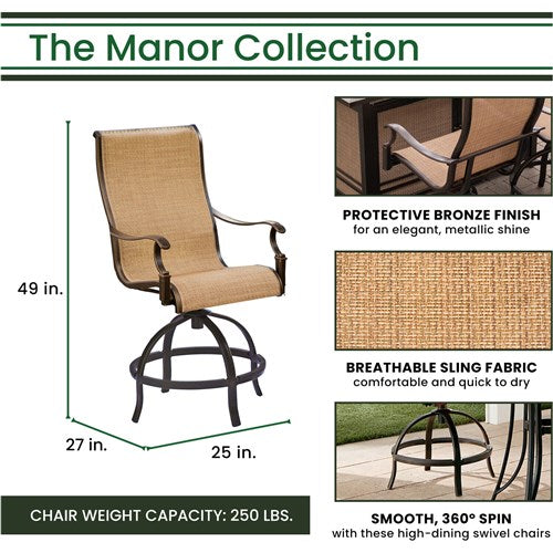 Hanover - Manor 3pc: 2 Sling Counter Height Swivel Chairs, 30" Round Cast Table-United Backyard