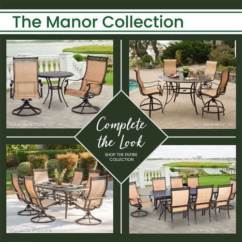 Hanover - Manor 3pc: 2 Sling Swivel Rockers, 32" Cast Table - Tan Sling/Cast-United Backyard