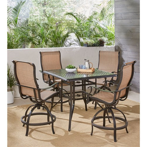 Hanover - Manor 5pc: 4 Sling Counter Height Swivel Chairs, 42" Square Cast Table-United Backyard