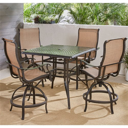 Hanover - Manor 5pc: 4 Sling Counter Height Swivel Chairs, 42" Square Cast Table-United Backyard