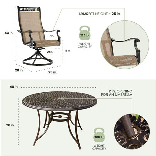 Hanover - Manor 5pc: 4 Sling Swivel Rockers, 48" Round Cast Table - Tan Sling/Cast-United Backyard