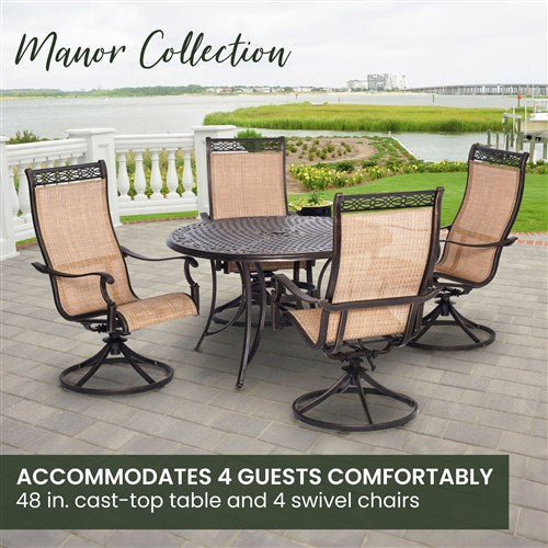 Hanover - Manor 5pc: 4 Sling Swivel Rockers, 48" Round Cast Table - Tan Sling/Cast-United Backyard