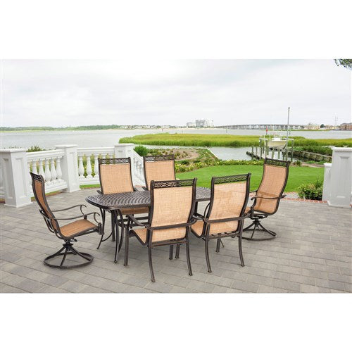 Hanover - Manor 7pc: 4 Sling Dining Chairs, 2 Sling Swivel Rockers, 38x72 Cast Table - Tan Sling/Cast-United Backyard