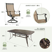 Hanover - Manor 7pc: 6 Sling Swivel Rockers, 38x72" Cast Table - Tan Sling/Cast-United Backyard