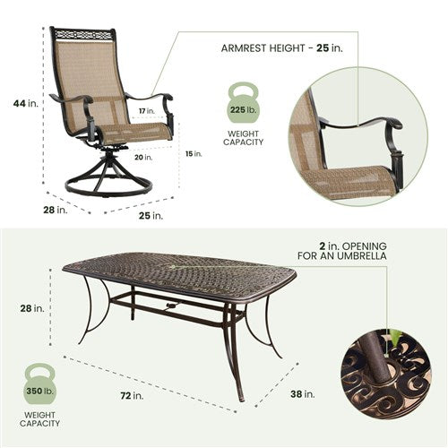 Hanover - Manor 7pc: 6 Sling Swivel Rockers, 38x72" Cast Table - Tan Sling/Cast-United Backyard