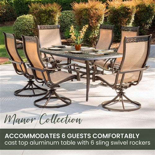 Hanover - Manor 7pc: 6 Sling Swivel Rockers, 38x72" Cast Table - Tan Sling/Cast-United Backyard