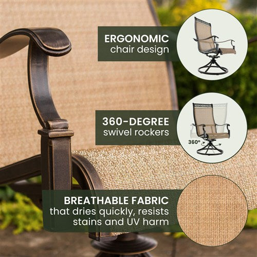 Hanover - Manor 7pc: 6 Sling Swivel Rockers, 38x72" Cast Table - Tan Sling/Cast-United Backyard