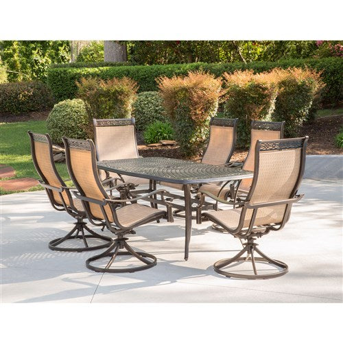 Hanover - Manor 7pc: 6 Sling Swivel Rockers, 38x72" Cast Table - Tan Sling/Cast-United Backyard