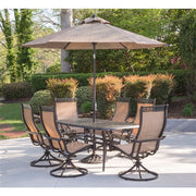 Hanover - Manor 7pc: 6 Sling Swivel Rockers, 38x72" Cast Table, Umbrella, Base - Tan Sling/Cast-United Backyard