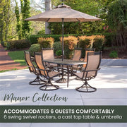 Hanover - Manor 7pc: 6 Sling Swivel Rockers, 38x72" Cast Table, Umbrella, Base - Tan Sling/Cast-United Backyard