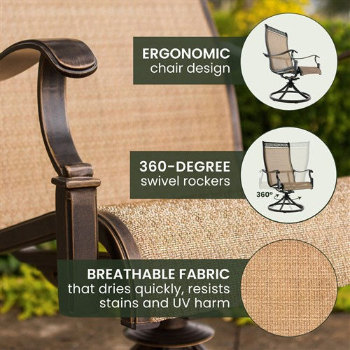 Hanover - Manor 7pc: 6 Sling Swivel Rockers, 38x72" Cast Table, Umbrella, Base - Tan Sling/Cast-United Backyard