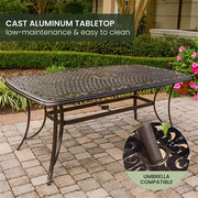 Hanover - Manor 7pc: 6 Sling Swivel Rockers, 38x72" Cast Table, Umbrella, Base - Tan Sling/Cast-United Backyard