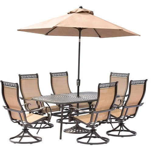 Hanover - Manor 7pc: 6 Sling Swivel Rockers, 38x72" Cast Table, Umbrella, Base - Tan Sling/Cast-United Backyard