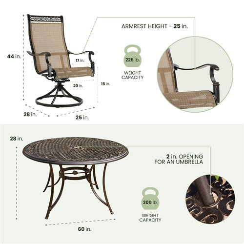 Hanover - Manor 7pc: 6 Sling Swivel Rockers, 60" Round Cast Table - Tan Sling/Cast-United Backyard