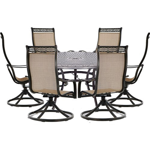 Hanover - Manor 7pc: 6 Sling Swivel Rockers, 60" Round Cast Table - Tan Sling/Cast-United Backyard