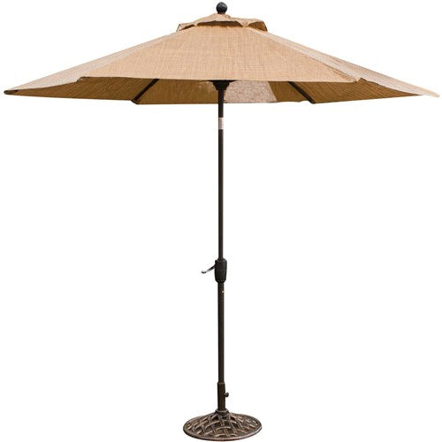 Hanover - Manor 7pc: 6 Sling Swivel Rockers, 60" Round Cast Table, Umbrella, Base - Tan Sling/Cast-United Backyard