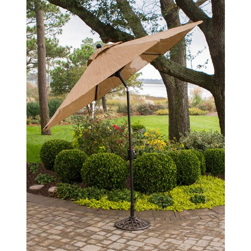 Hanover - Manor 7pc: 6 Sling Swivel Rockers, 60" Round Cast Table, Umbrella, Base - Tan Sling/Cast-United Backyard