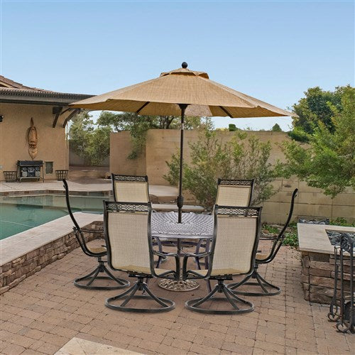 Hanover - Manor 7pc: 6 Sling Swivel Rockers, 60" Round Cast Table, Umbrella, Base - Tan Sling/Cast-United Backyard