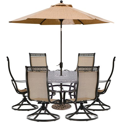 Hanover - Manor 7pc: 6 Sling Swivel Rockers, 60" Round Cast Table, Umbrella, Base - Tan Sling/Cast-United Backyard