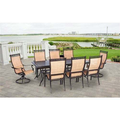 Hanover - Manor 9pc: 6 Sling Dining Chairs, 2 Sling Swivel Rockers, 42x84" Cast table - Tan Sling/Cast-United Backyard