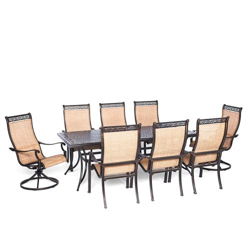 Hanover - Manor 9pc: 6 Sling Dining Chairs, 2 Sling Swivel Rockers, 42x84" Cast table - Tan Sling/Cast-United Backyard