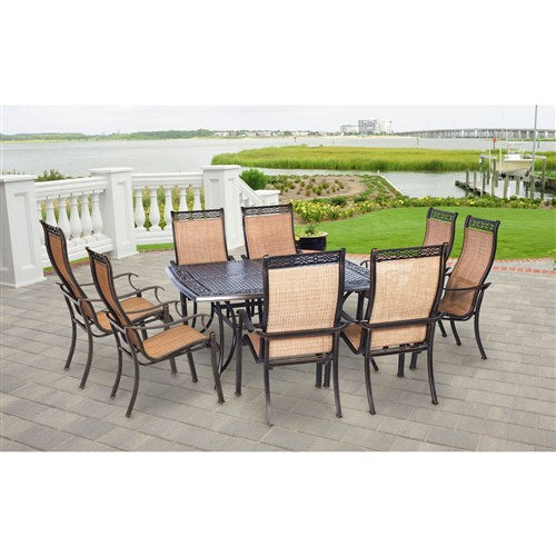 Hanover - Manor 9pc: 8 Sling Dining Chairs, 60" Square Cast Table - Tan Sling/Cast-United Backyard