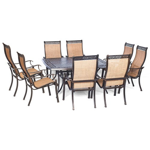 Hanover - Manor 9pc: 8 Sling Dining Chairs, 60" Square Cast Table - Tan Sling/Cast-United Backyard