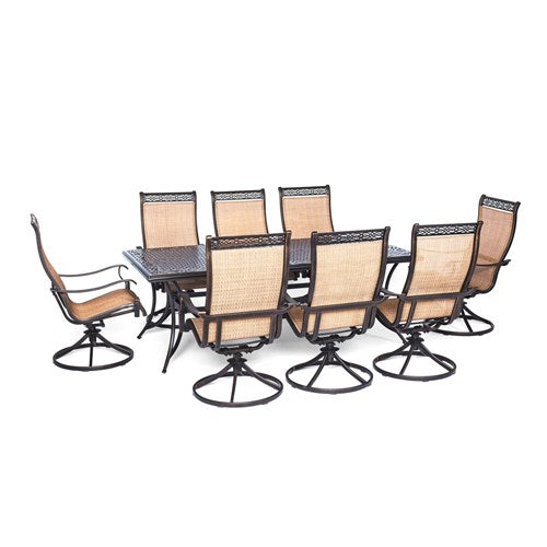 Hanover - Manor 9pc: 8 Sling Swivel Rockers, 42x84" Cast Table - Tan Sling/Cast-United Backyard