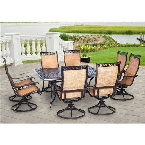 Hanover - Manor 9pc: 8 Sling Swivel Rockers, 60" Square Cast Table - Tan Sling/Cast-United Backyard