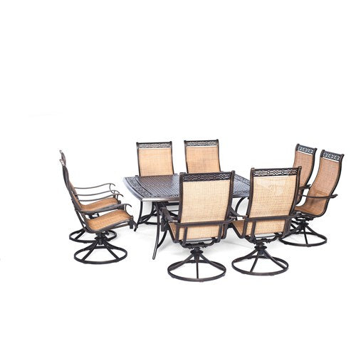 Hanover - Manor 9pc: 8 Sling Swivel Rockers, 60" Square Cast Table - Tan Sling/Cast-United Backyard