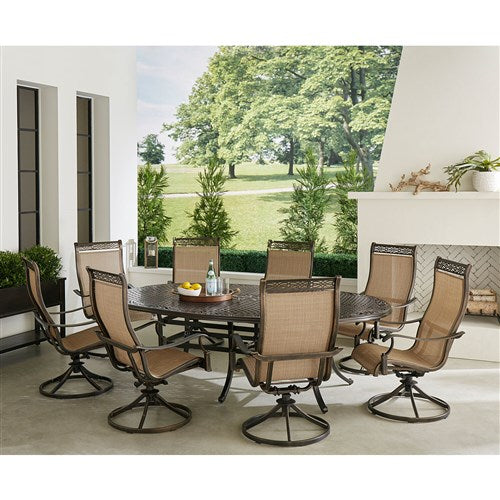 Hanover - Manor 9pc: 8 Sling Swivel Rockers, 96"x60" Oval Cast Table - Tan/Bronze-United Backyard