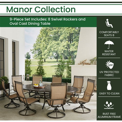 Hanover - Manor 9pc: 8 Sling Swivel Rockers, 96"x60" Oval Cast Table - Tan/Bronze-United Backyard