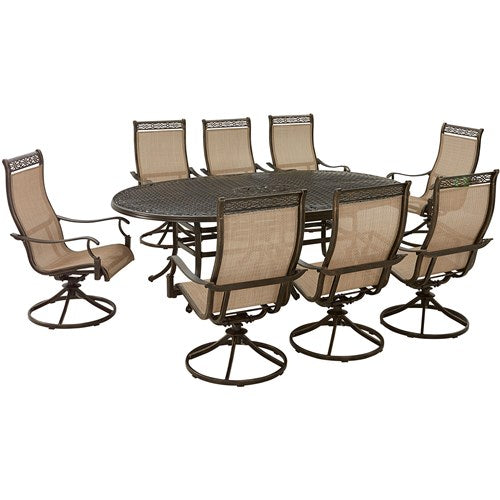 Hanover - Manor 9pc: 8 Sling Swivel Rockers, 96"x60" Oval Cast Table - Tan/Bronze-United Backyard