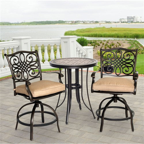 Hanover - Monaco 3pc: 2 Cush Swivel Counter Height Chairs, 30" Tile Top Table-United Backyard